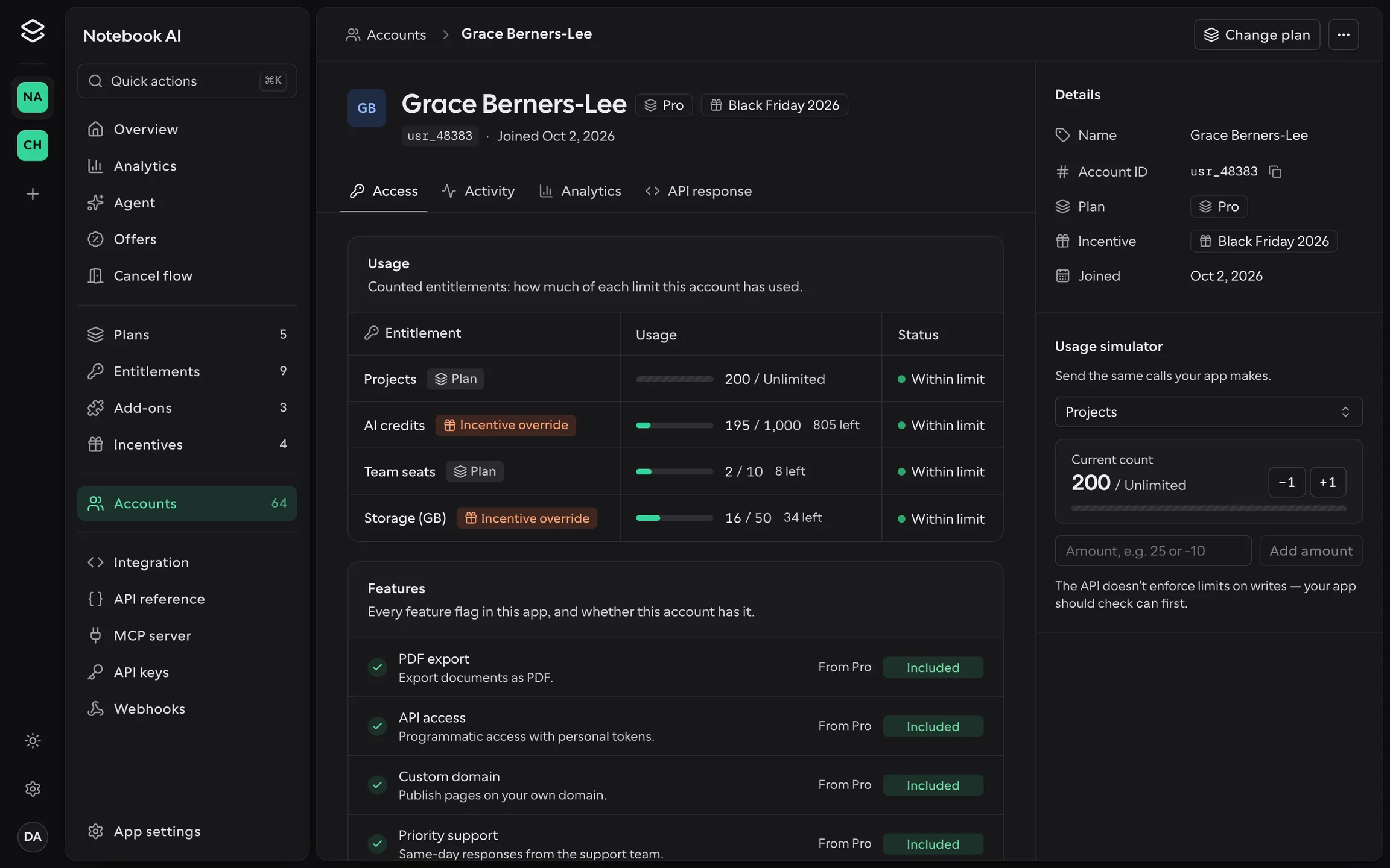 The Accounts page of the Offer SDK dashboard