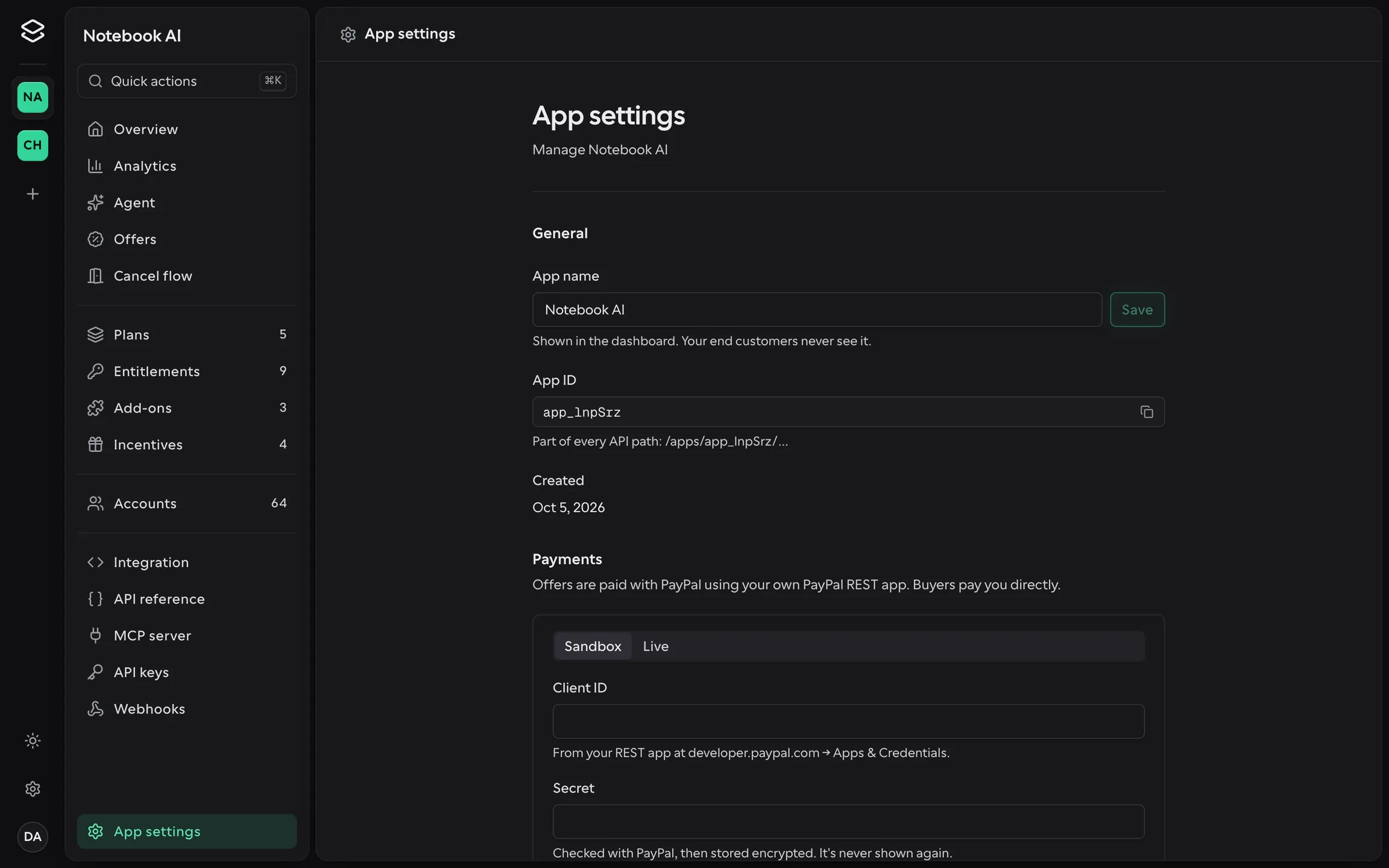 The App settings page of the Offer SDK dashboard