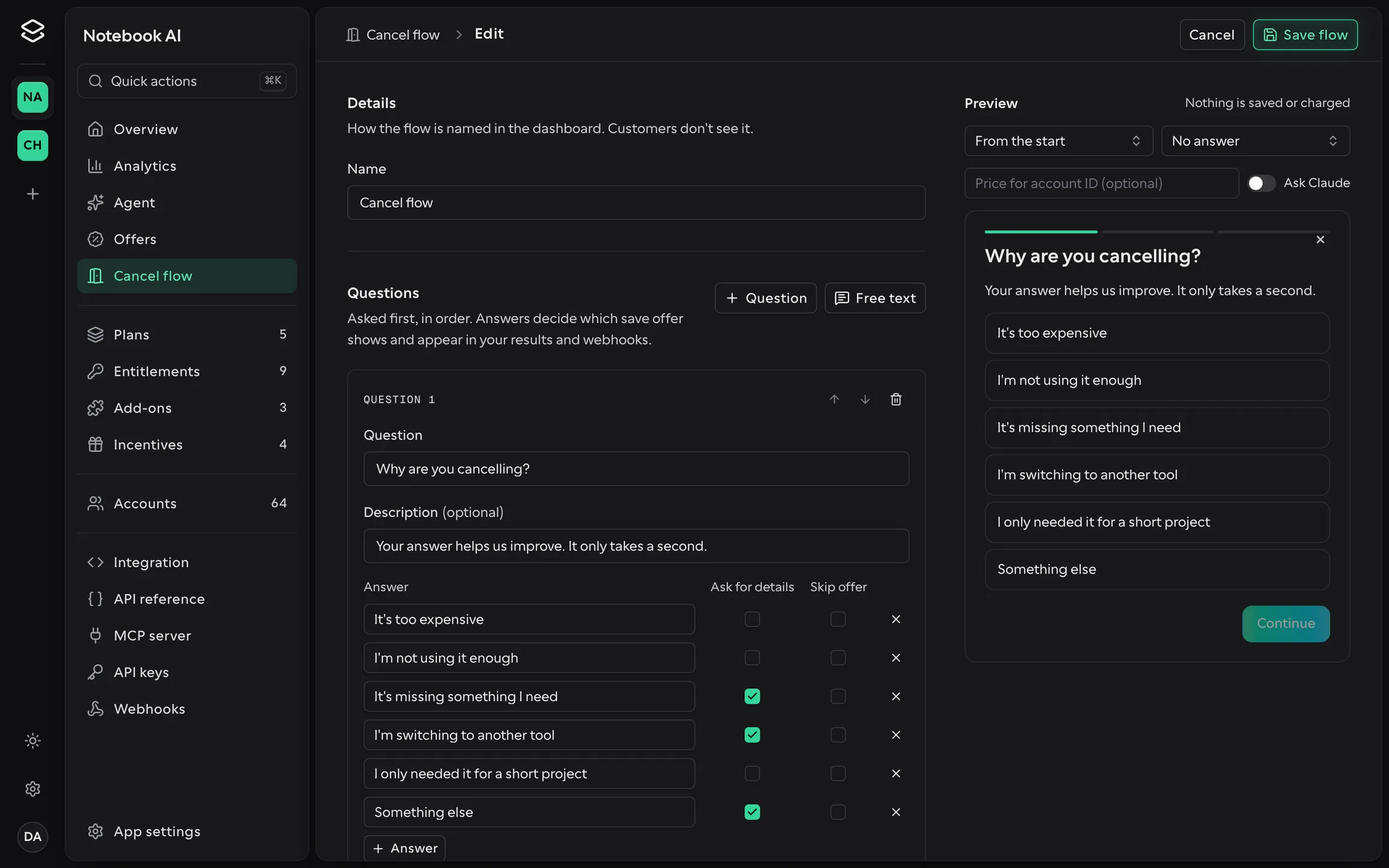 The Cancel flow page of the Offer SDK dashboard