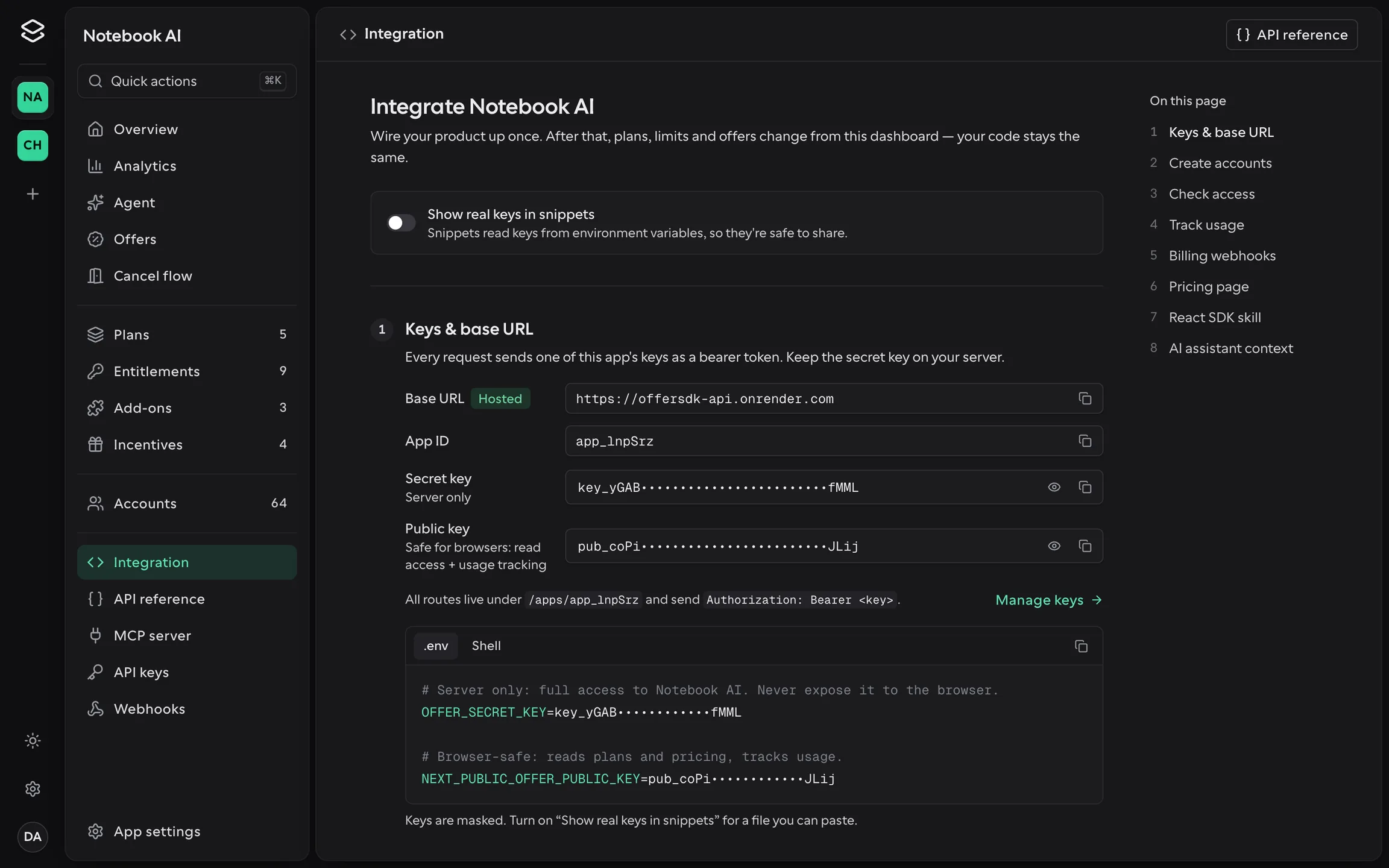 The Integration page of the Offer SDK dashboard