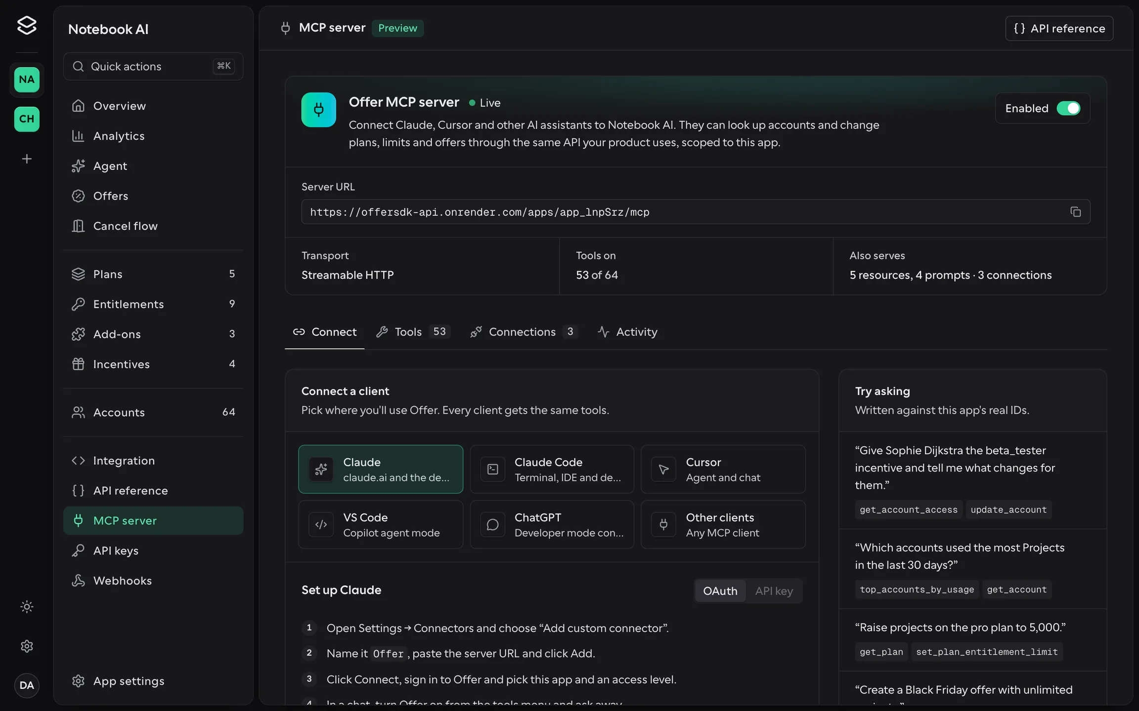 The MCP server page of the Offer SDK dashboard