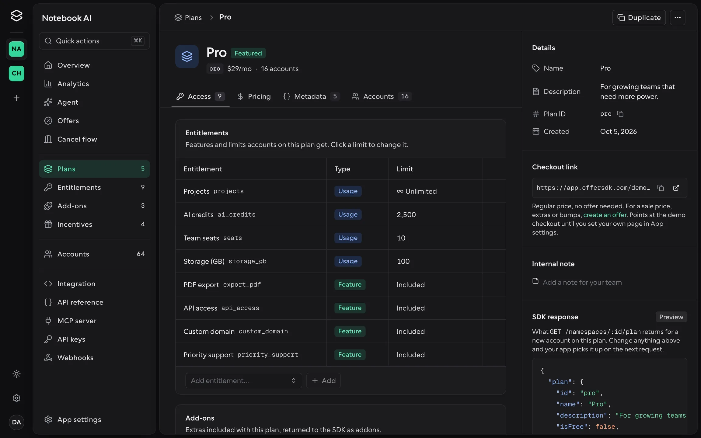 The Plans page of the Offer SDK dashboard