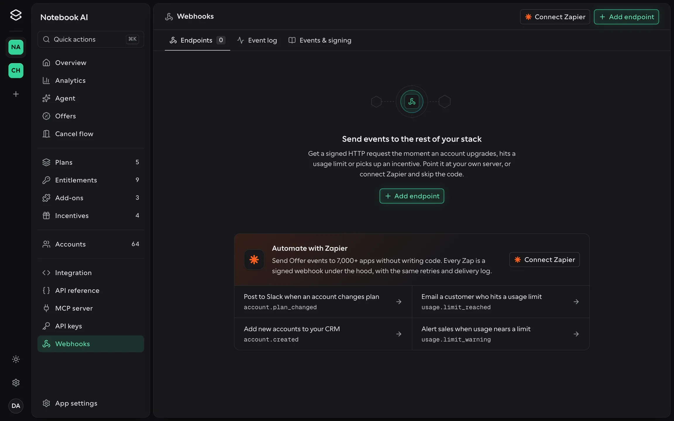 The Webhooks page of the Offer SDK dashboard